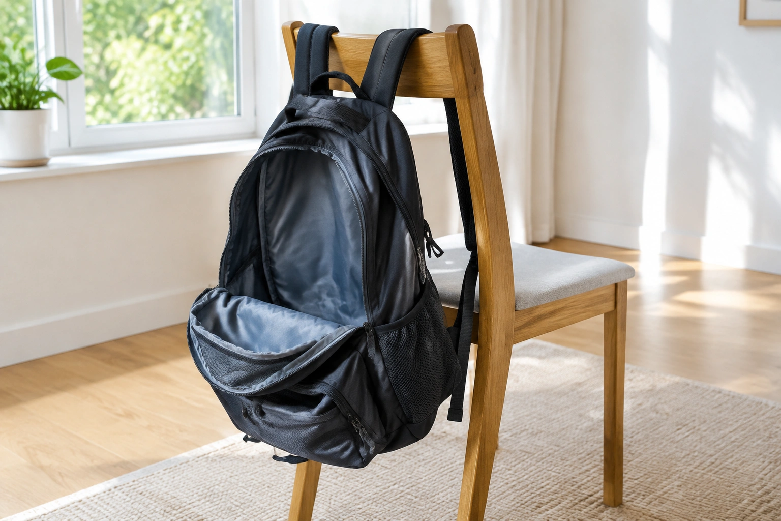 Backpack air drying on a chair in a ventilated room
