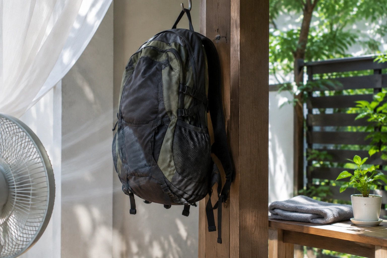 Backpack hanging to dry in a shaded, well-ventilated area