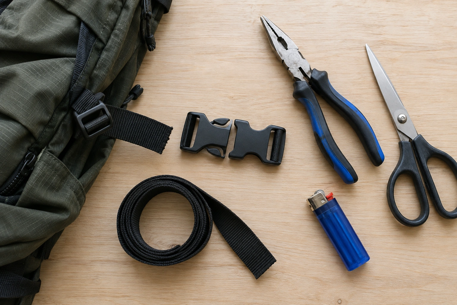 Backpack buckle repair tools laid out on a table