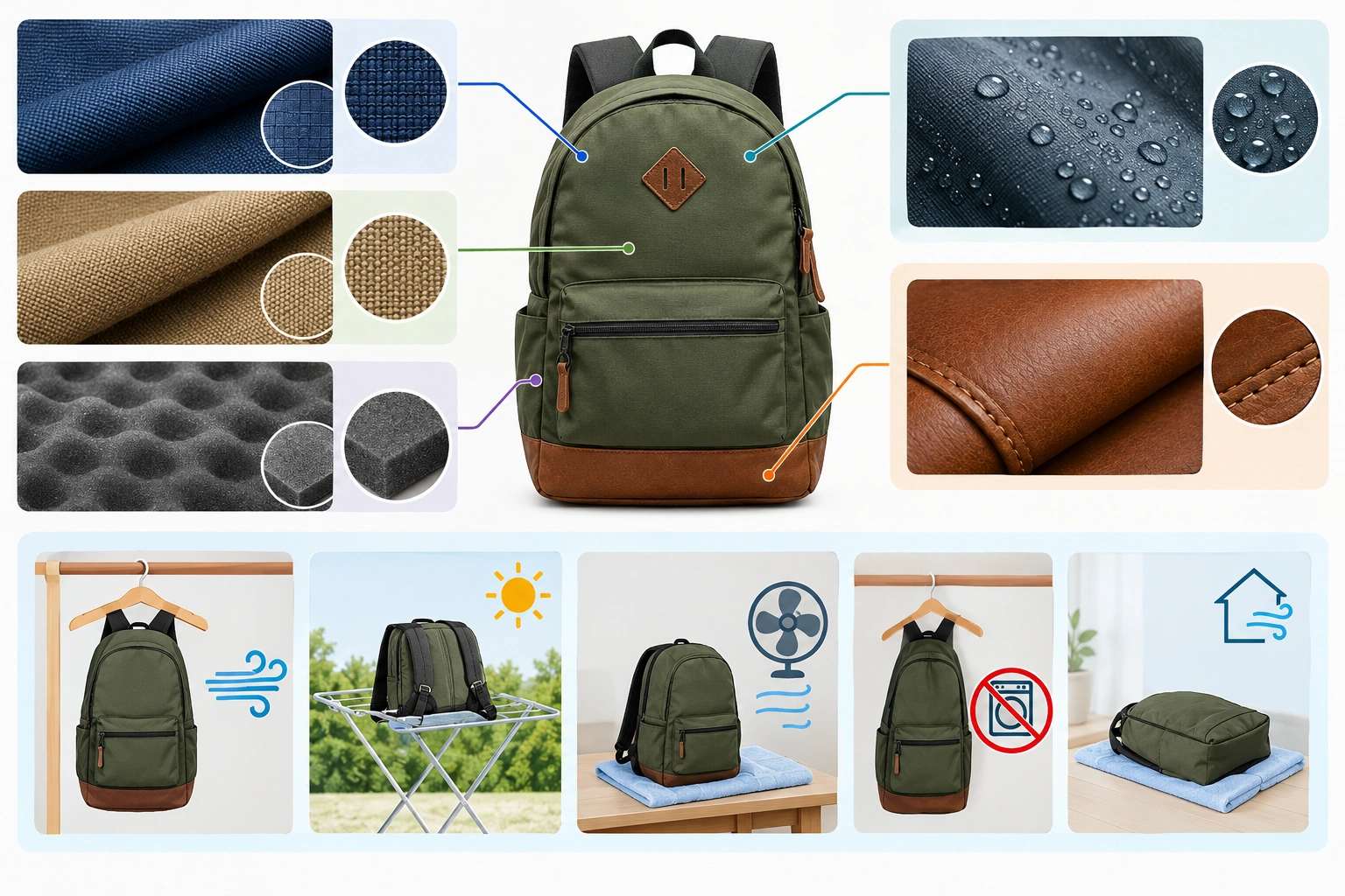 Comparison chart of backpack materials and safe drying methods