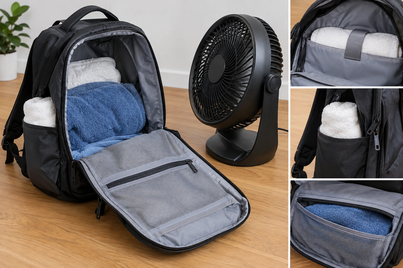 Open backpack pockets and straps drying with a fan and towel stuffing
