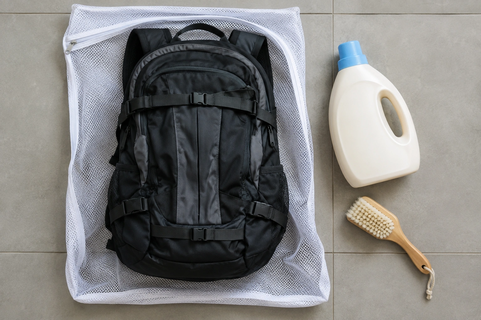 Backpack prepared for washing with zippers closed and straps secured