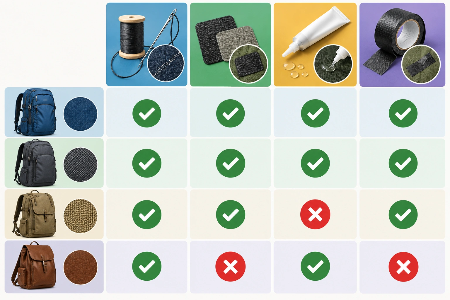 Comparison chart showing backpack repair methods by material and tear type