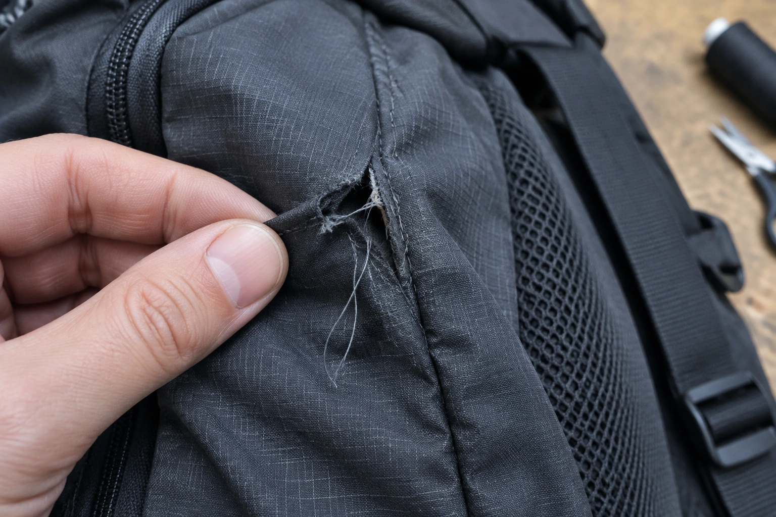 close-up of a backpack seam split and fraying edges