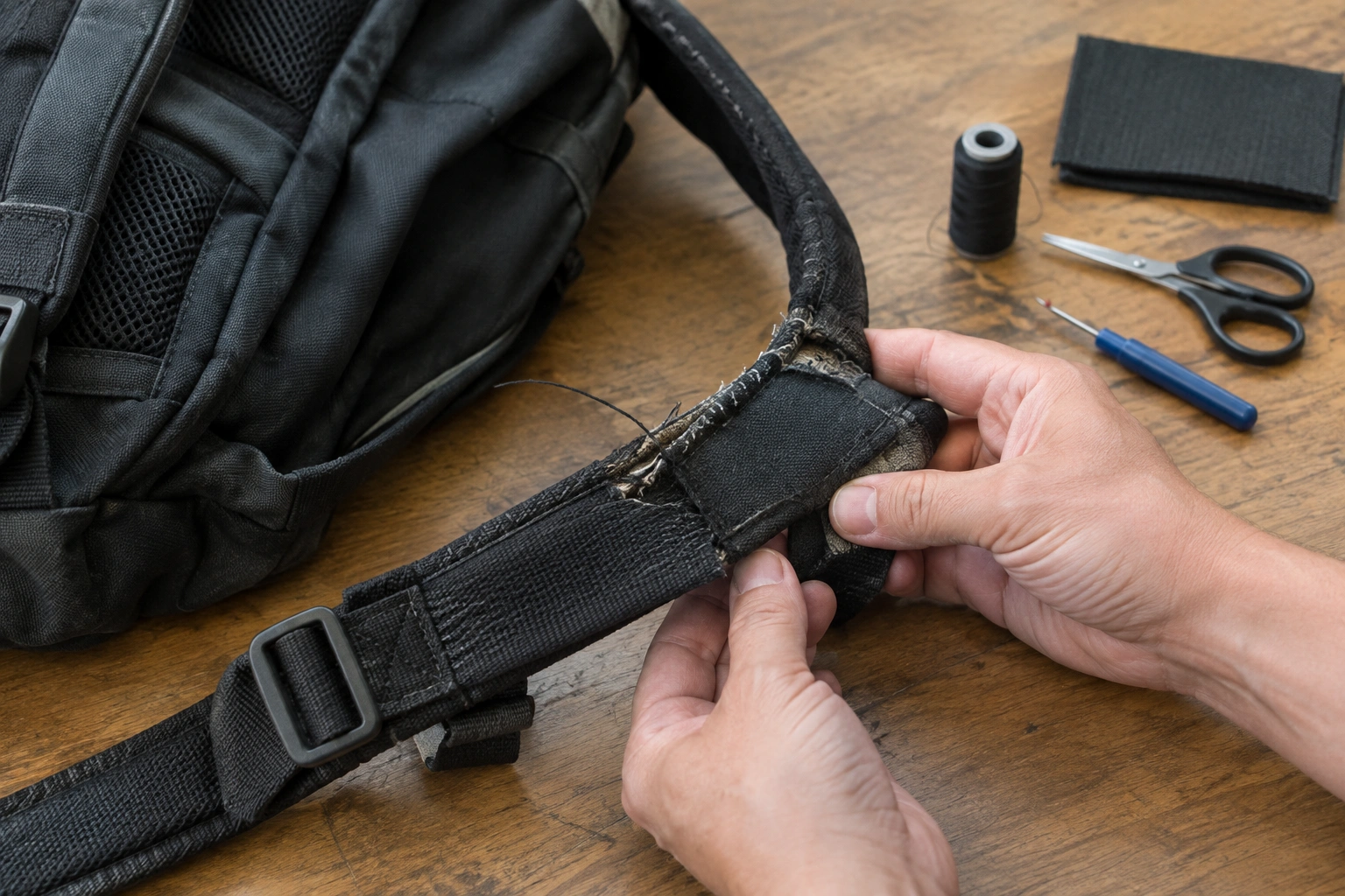 A backpack strap being inspected for loose stitching and fraying