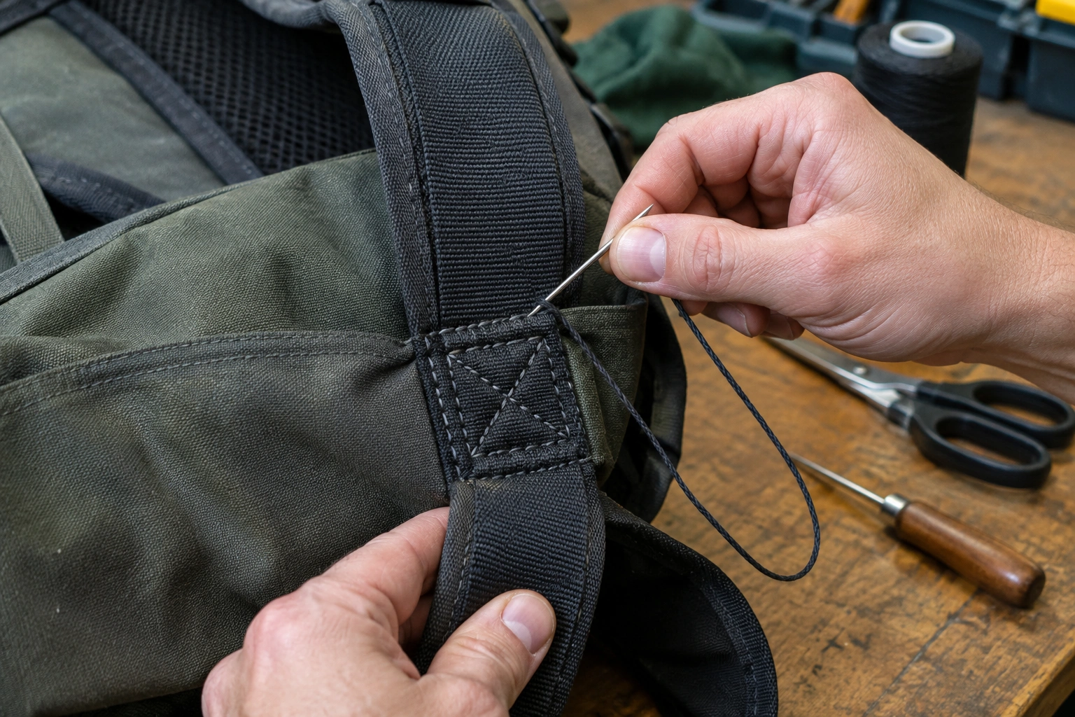 Close-up of a backpack strap being sewn and reinforced with heavy-duty thread