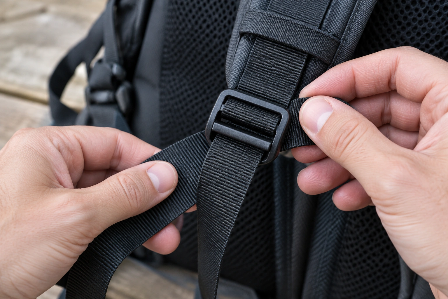 Hands rethreading webbing through a backpack adjuster buckle