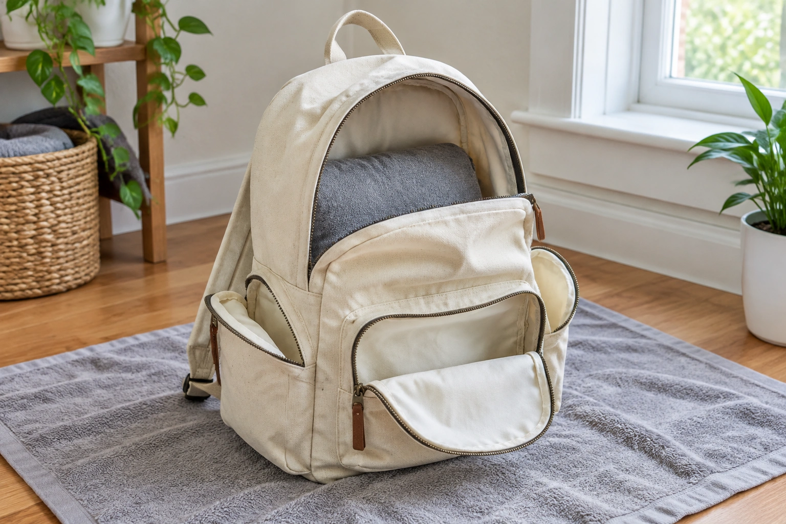 Canvas backpack drying indoors on a towel with pockets open and shape maintained