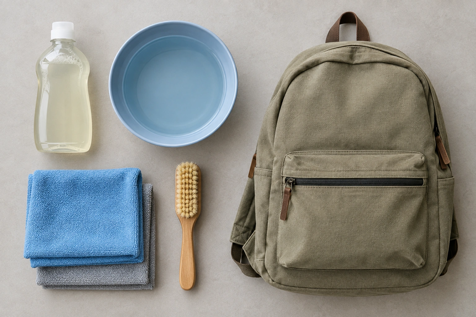 Cleaning supplies for a canvas backpack including mild detergent, microfiber cloth, and soft brush