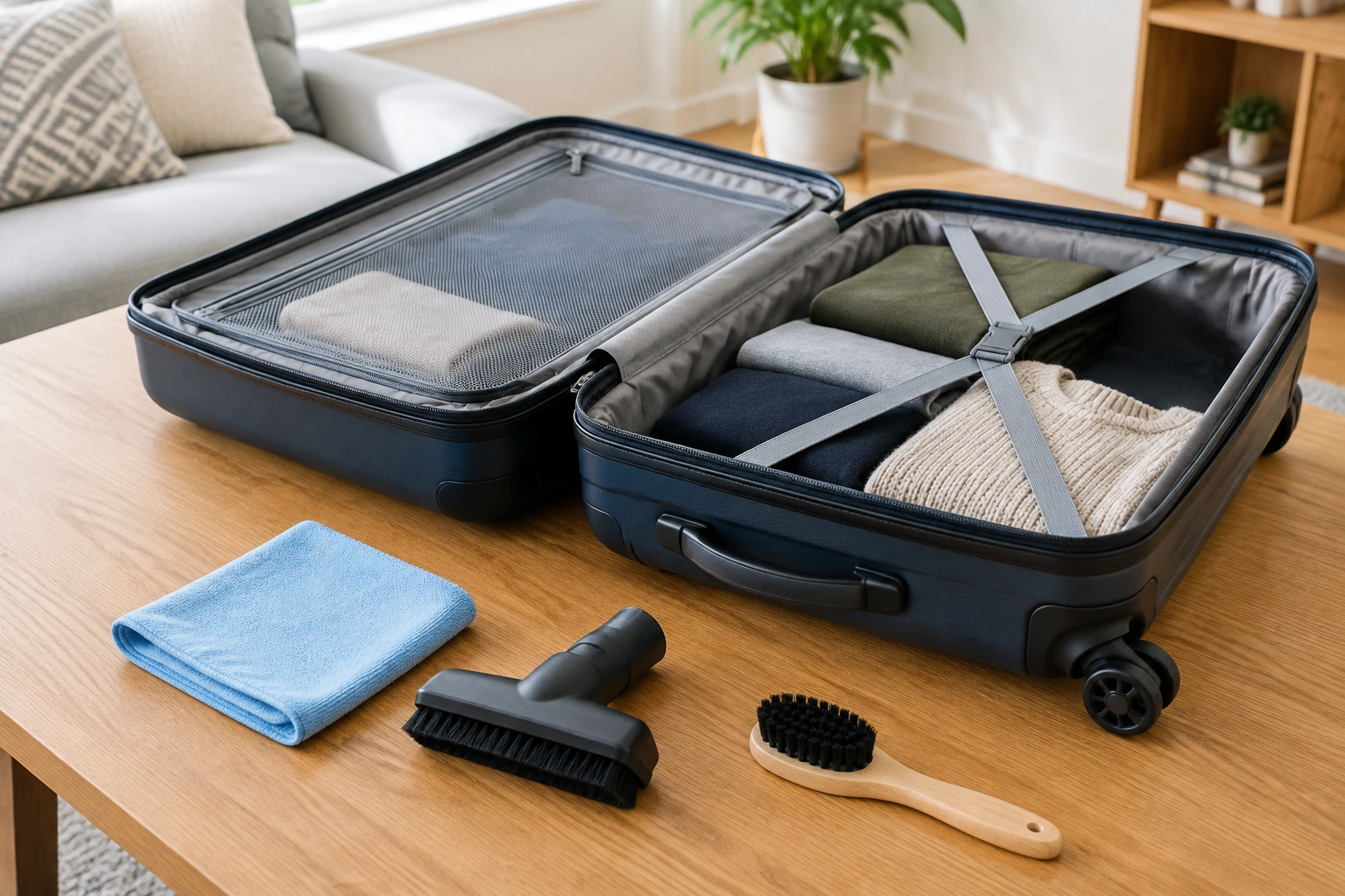 Open suitcase being inspected for dust and mildew after storage