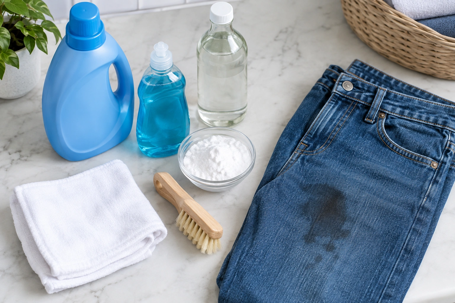 Denim stain removal supplies laid out on a table