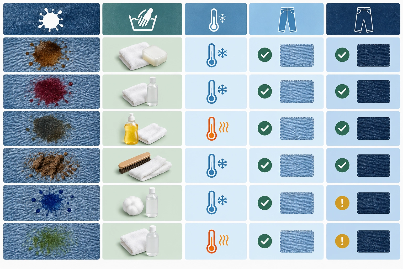 Table showing stain types and safe denim cleaning methods