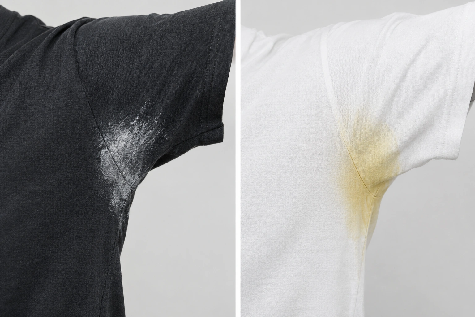 Comparison of white deodorant residue and yellow underarm stains on clothing