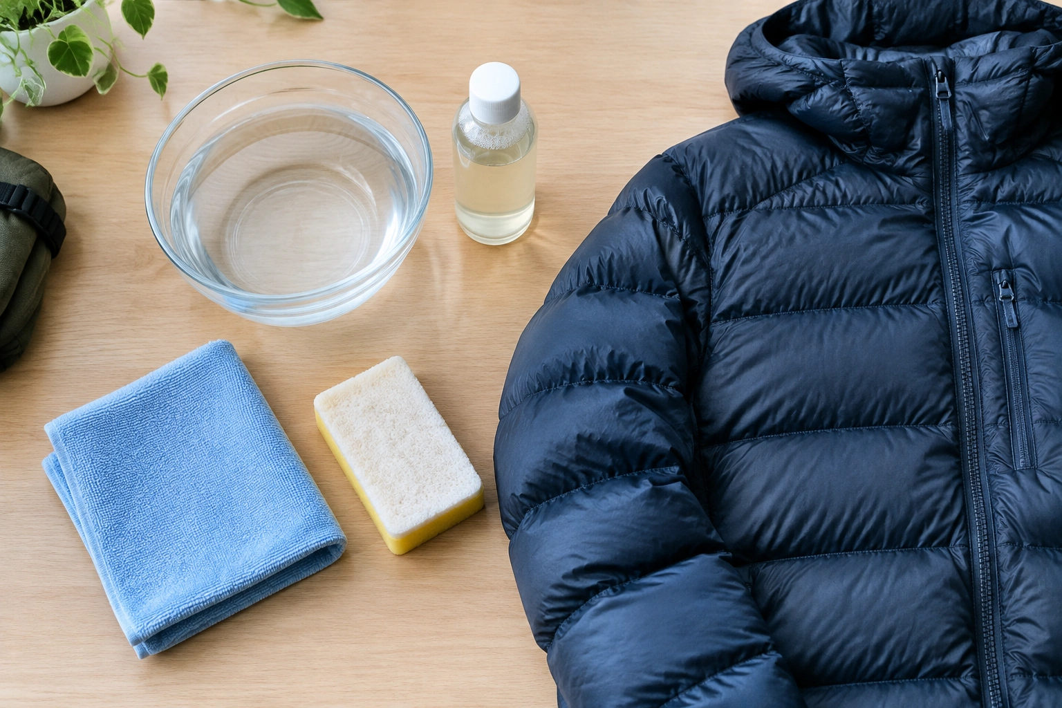 Microfiber cloth, soft sponge, mild soap, and a down jacket laid out for stain cleaning