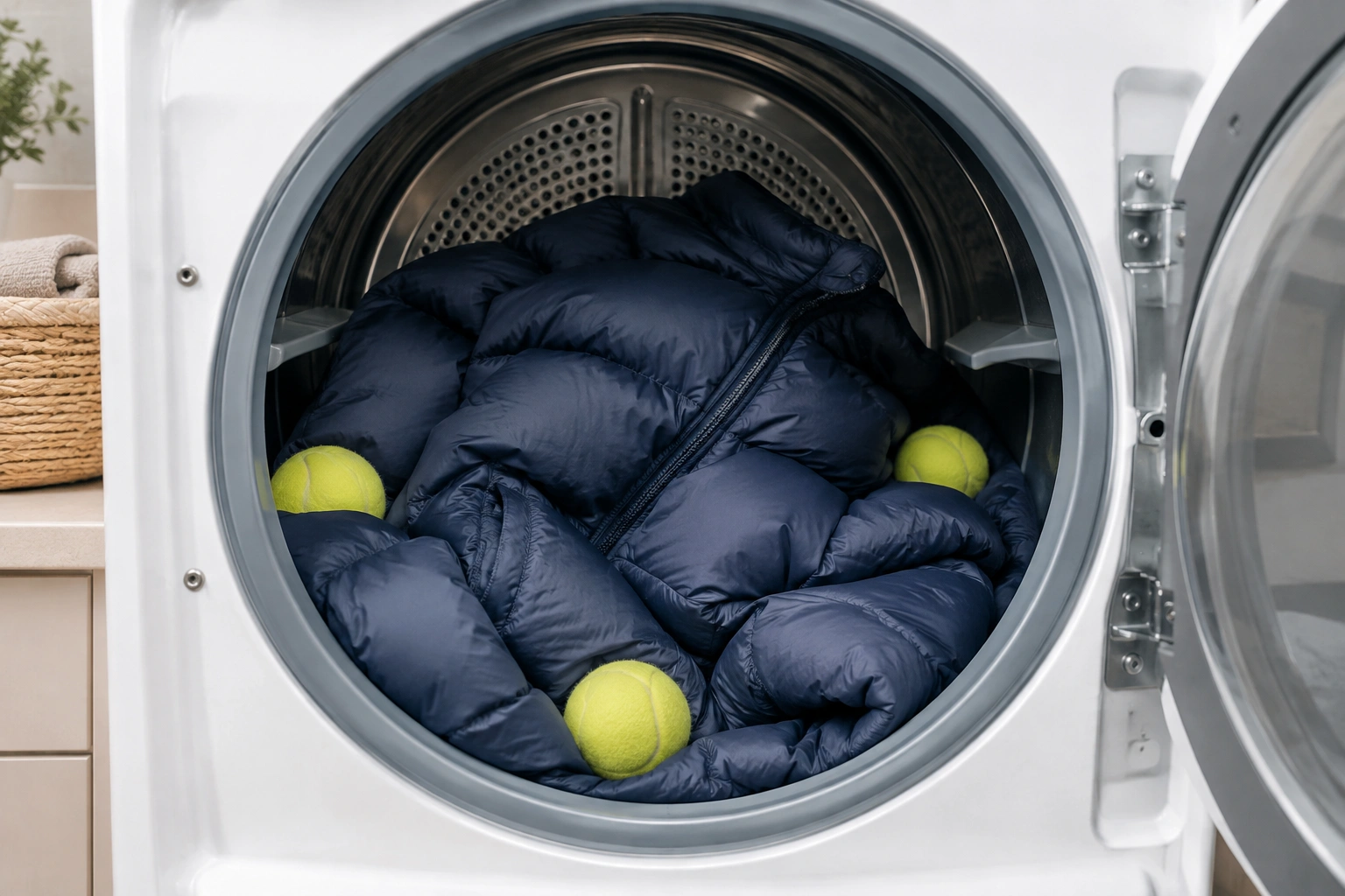 Down jacket tumbling with dryer balls on low heat to restore loft after cleaning
