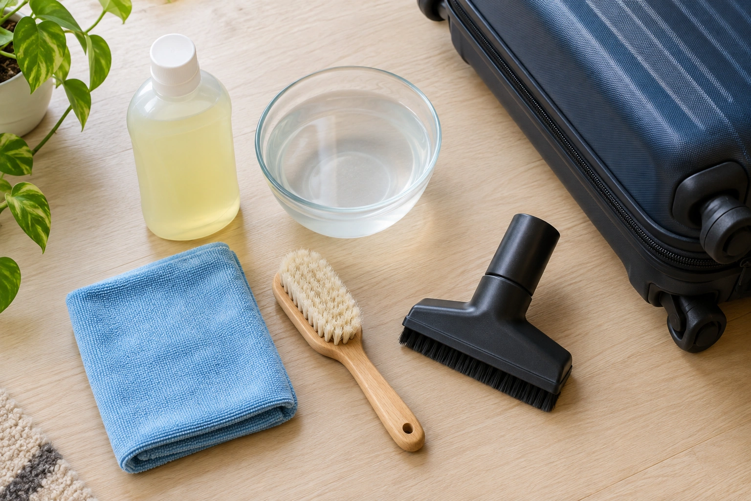 Fabric luggage cleaning tools arranged on a table