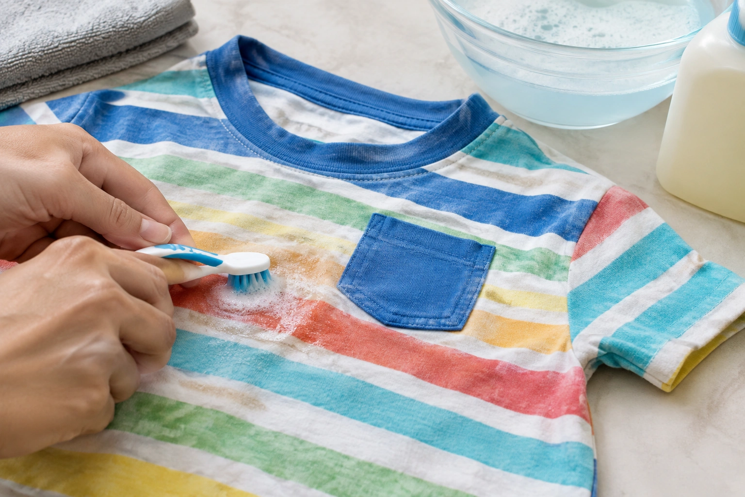 Close-up of a child’s colored shirt being gently spot-treated with a soft toothbrush