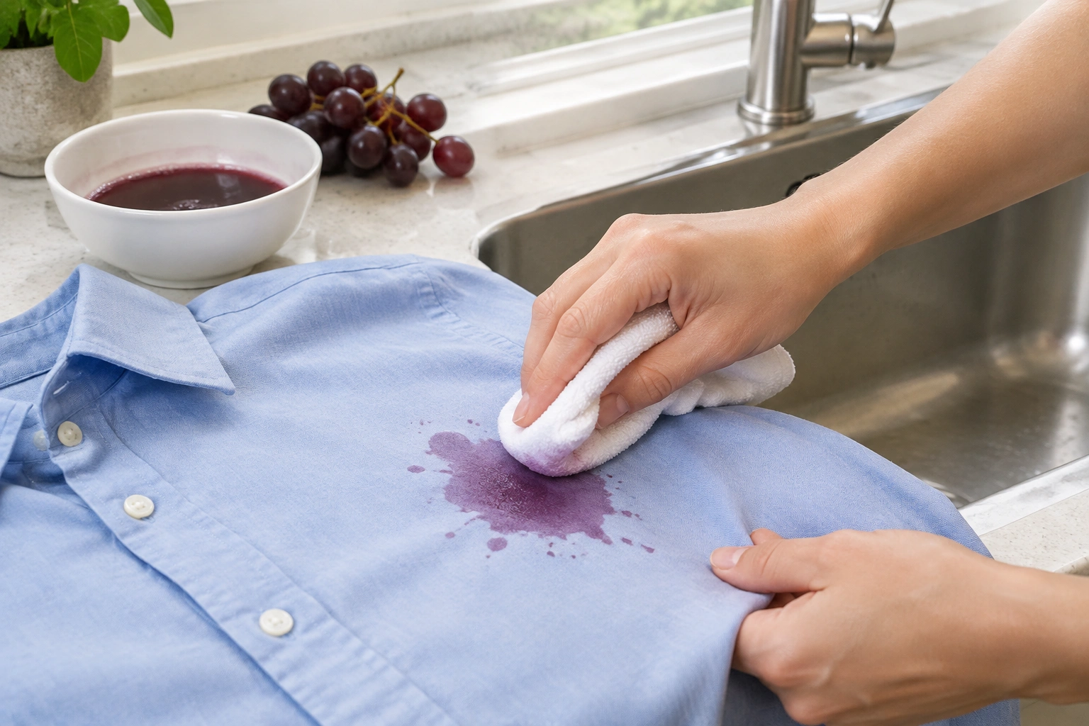 Person blotting a grape juice stain on clothing with a clean cloth