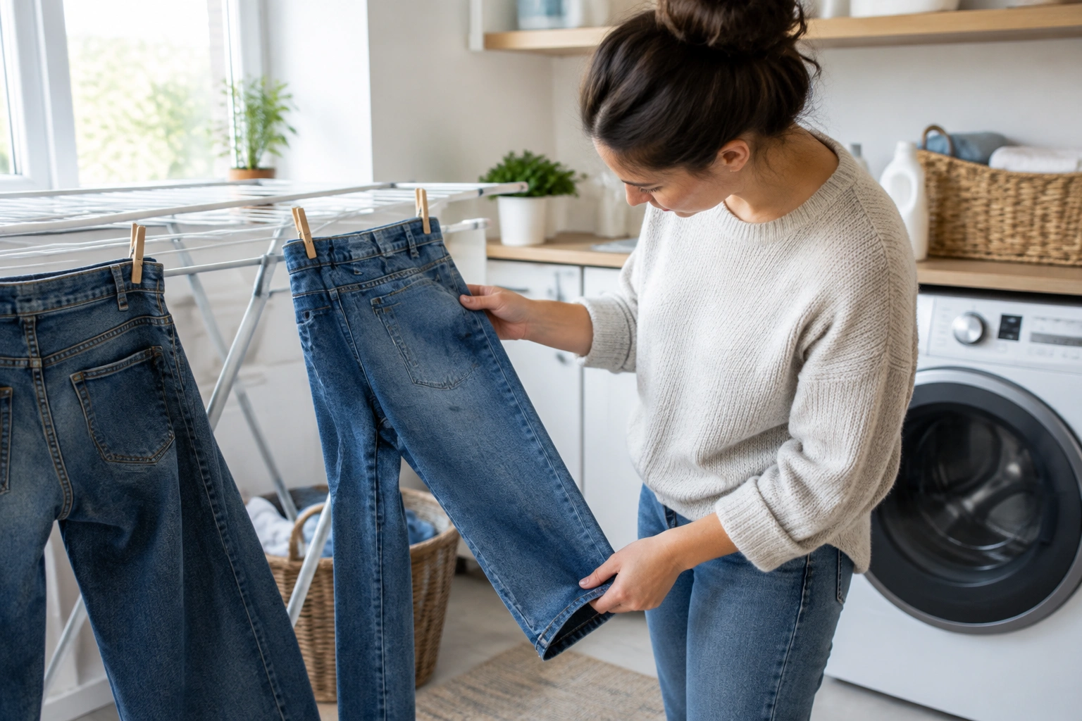 Air drying jeans after stain treatment with a visible inspection of the fabric