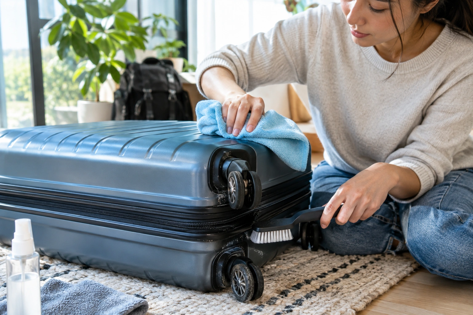person wiping a hard-shell suitcase and cleaning the wheels with a soft brush
