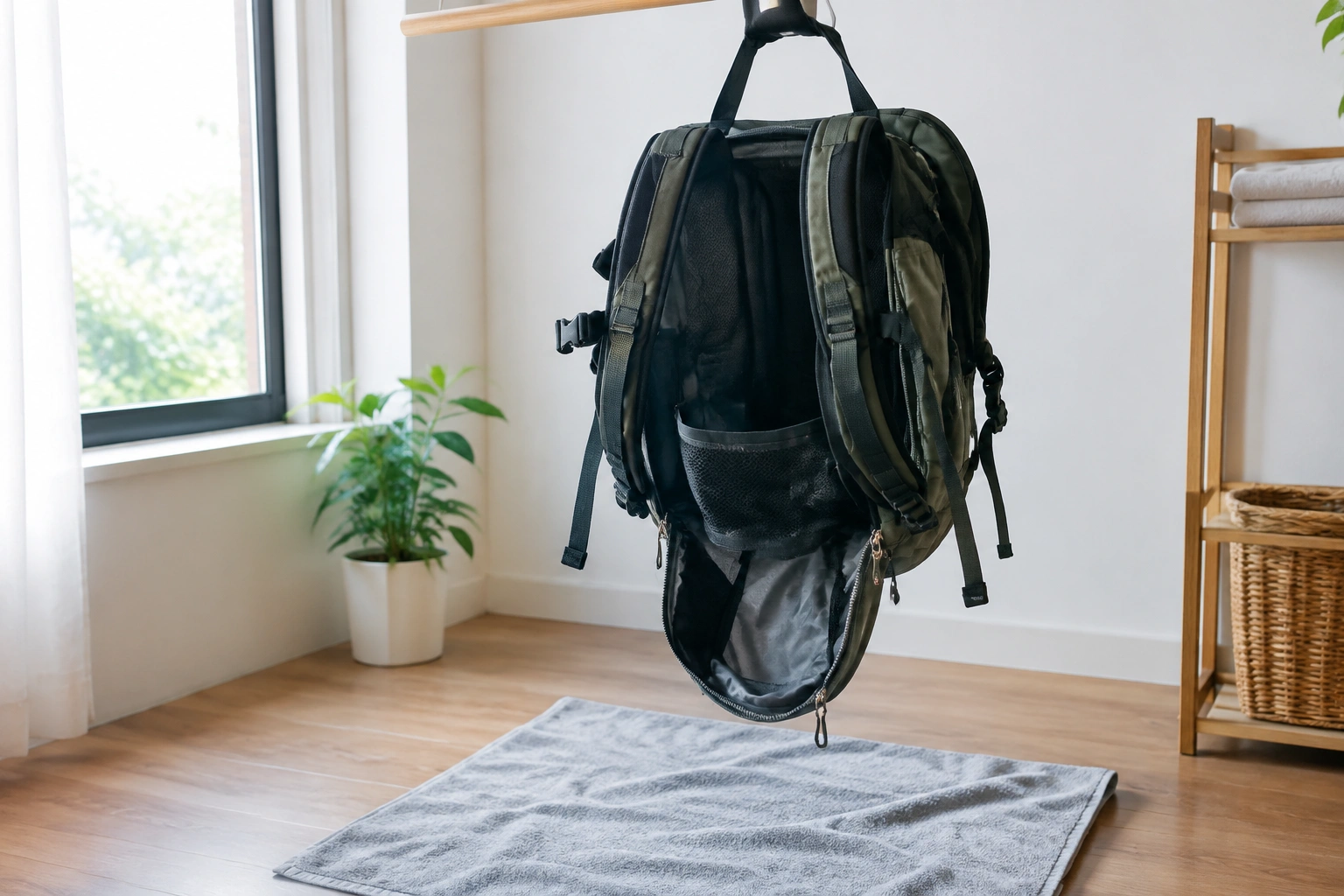Backpack air drying upside down with zippers open in a ventilated room