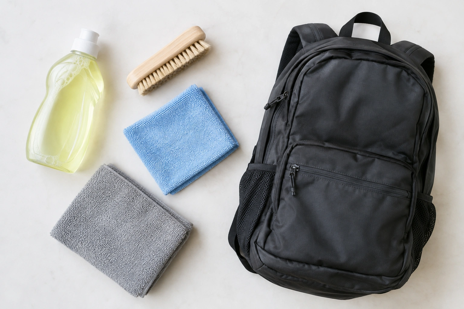 Mild soap, soft brush, microfiber cloth, and towel for cleaning a backpack