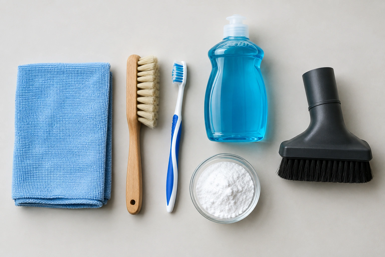 Backpack pocket cleaning tools laid out on a table