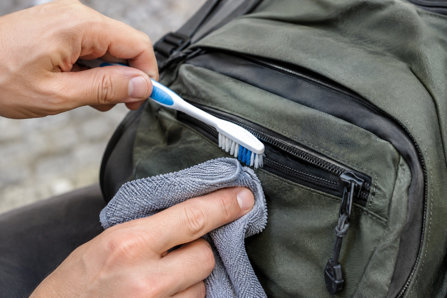Cleaning a backpack pocket zipper track with a toothbrush