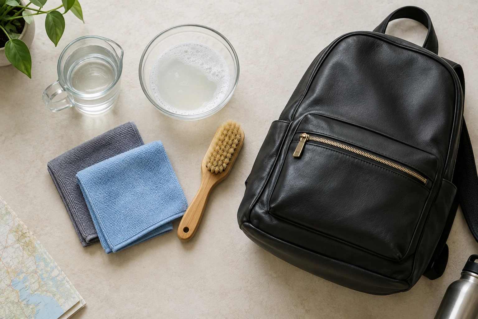 Microfiber cloth, mild soap, warm water, and soft brush for cleaning a faux leather backpack