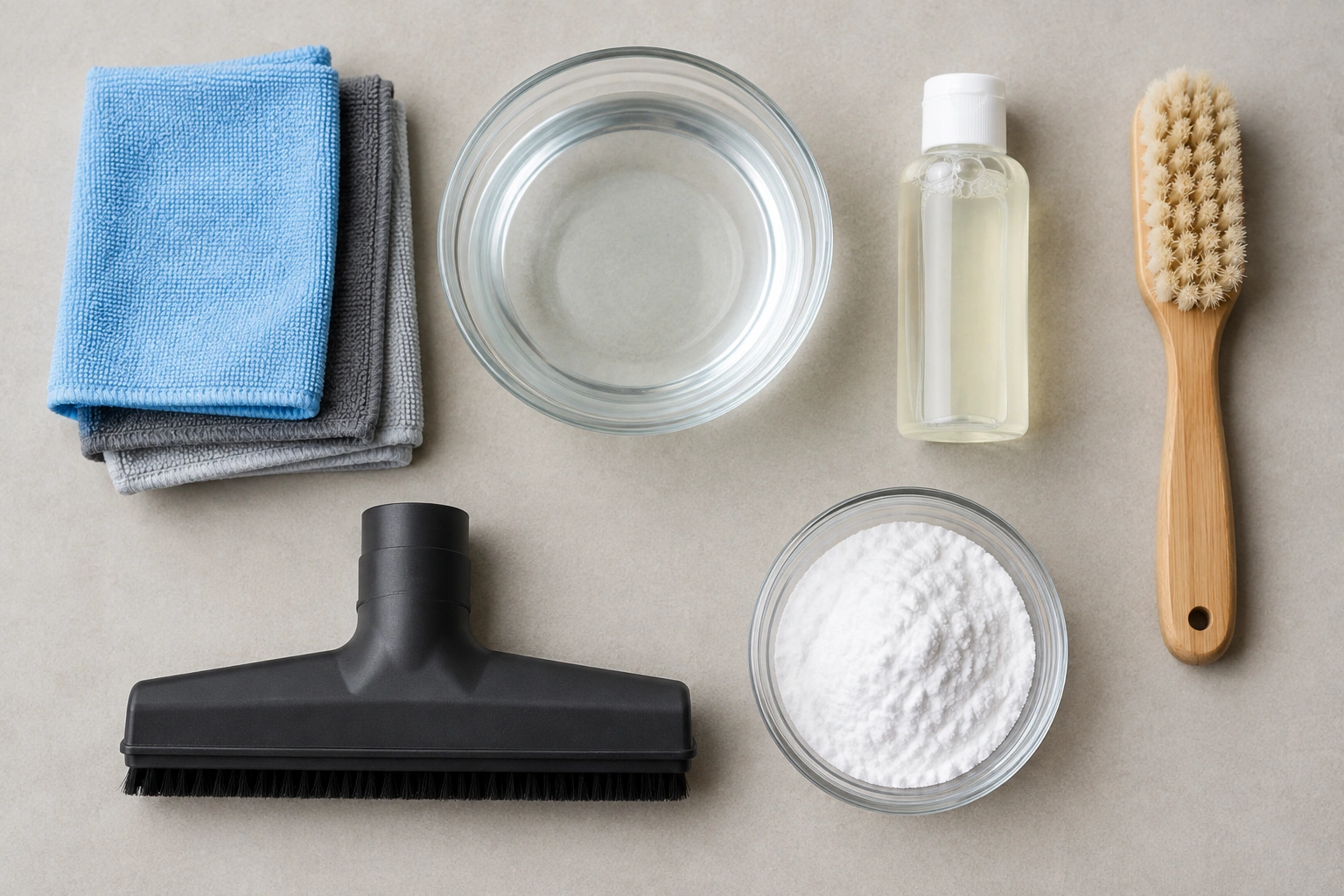 microfiber cloth, mild soap, warm water, and brush for cleaning luggage