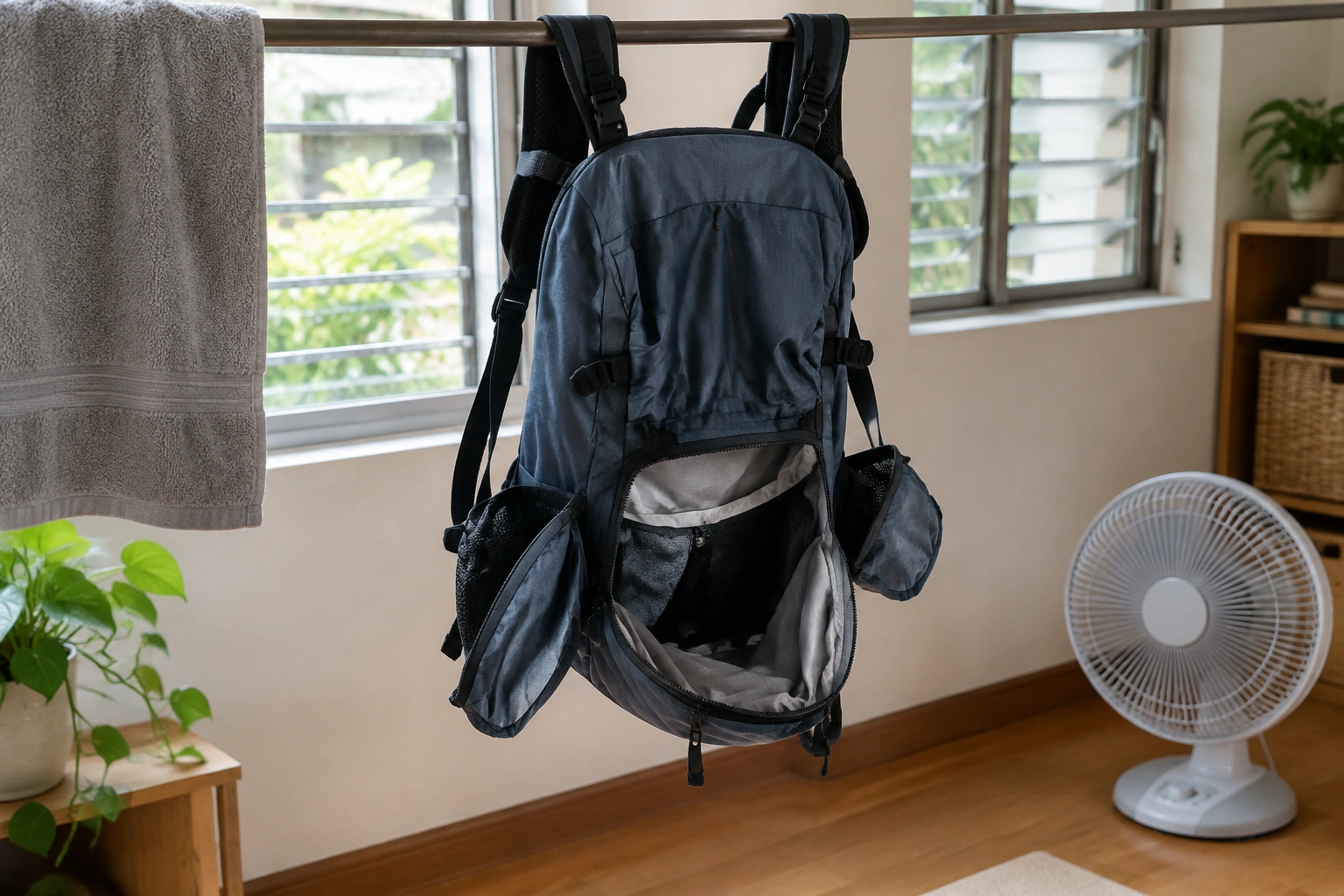 Backpack drying upside down with open pockets and a fan