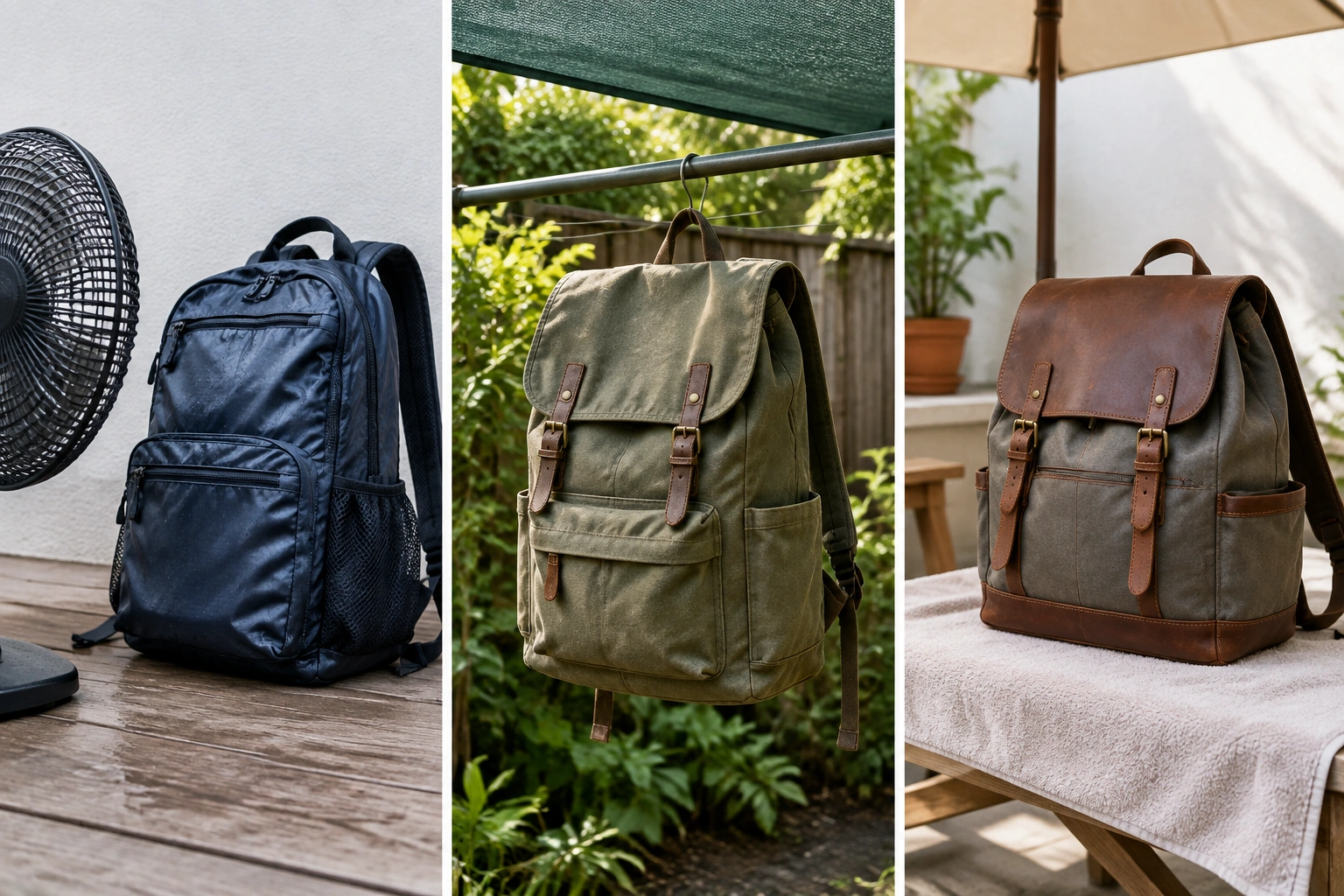 Nylon, canvas, and leather-trimmed backpacks drying safely in shade