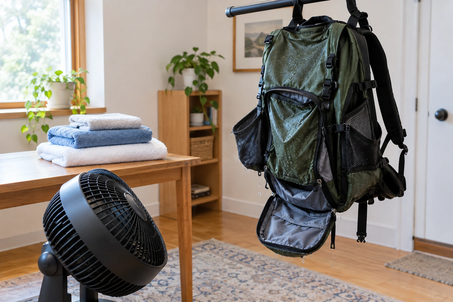 Wet backpack hung upside down with a fan and towels nearby