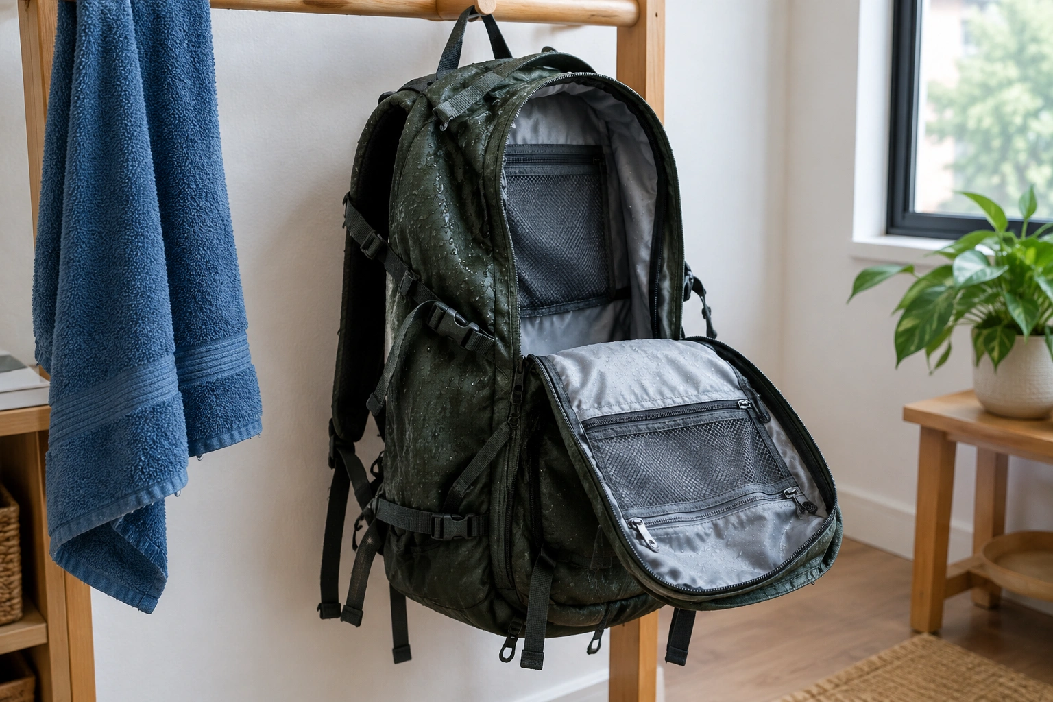 Wet backpack hanging open to air-dry indoors after rain