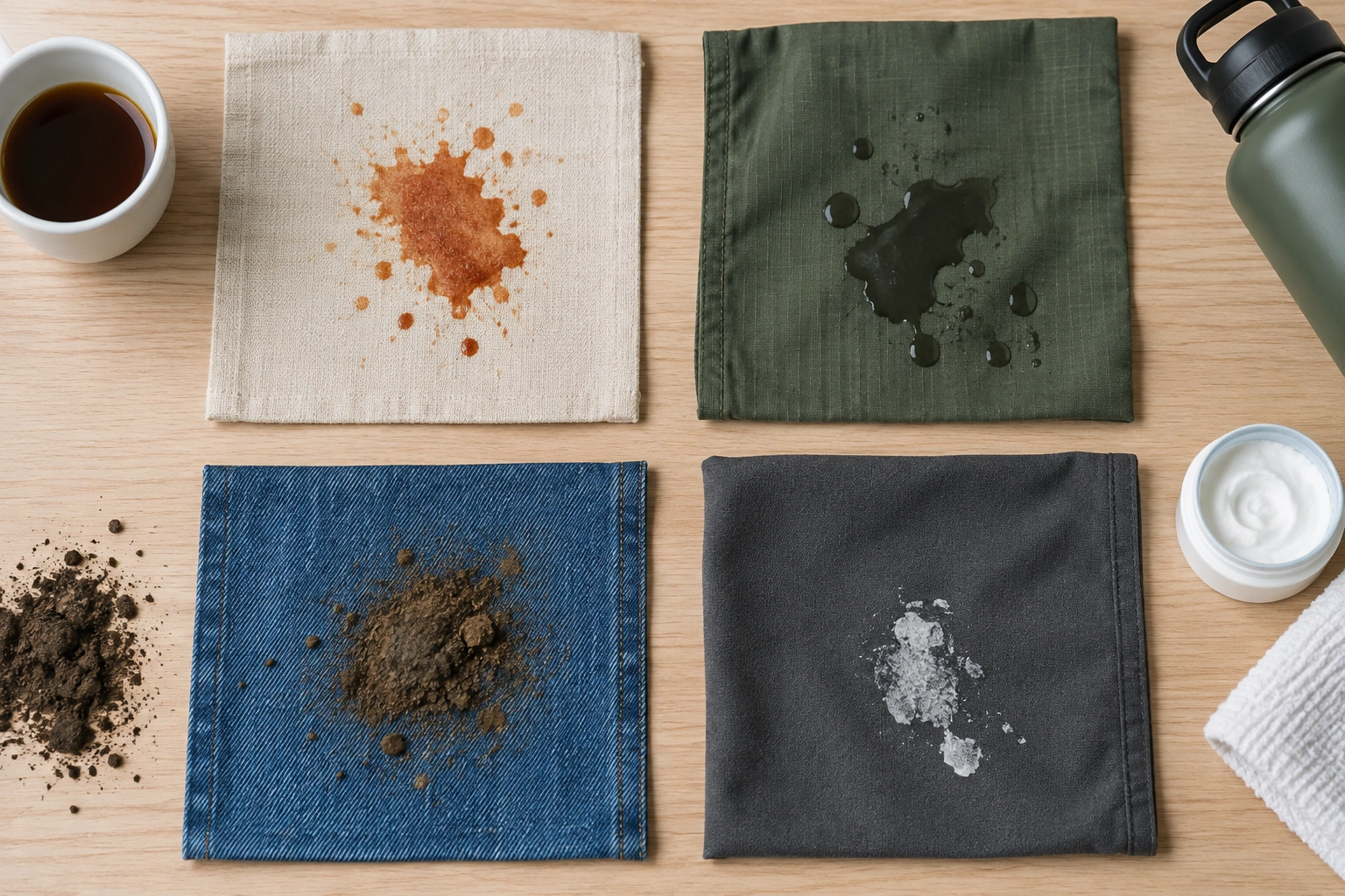 Comparison of oil, rust, dye transfer, and residue stains on fabric and backpack lining