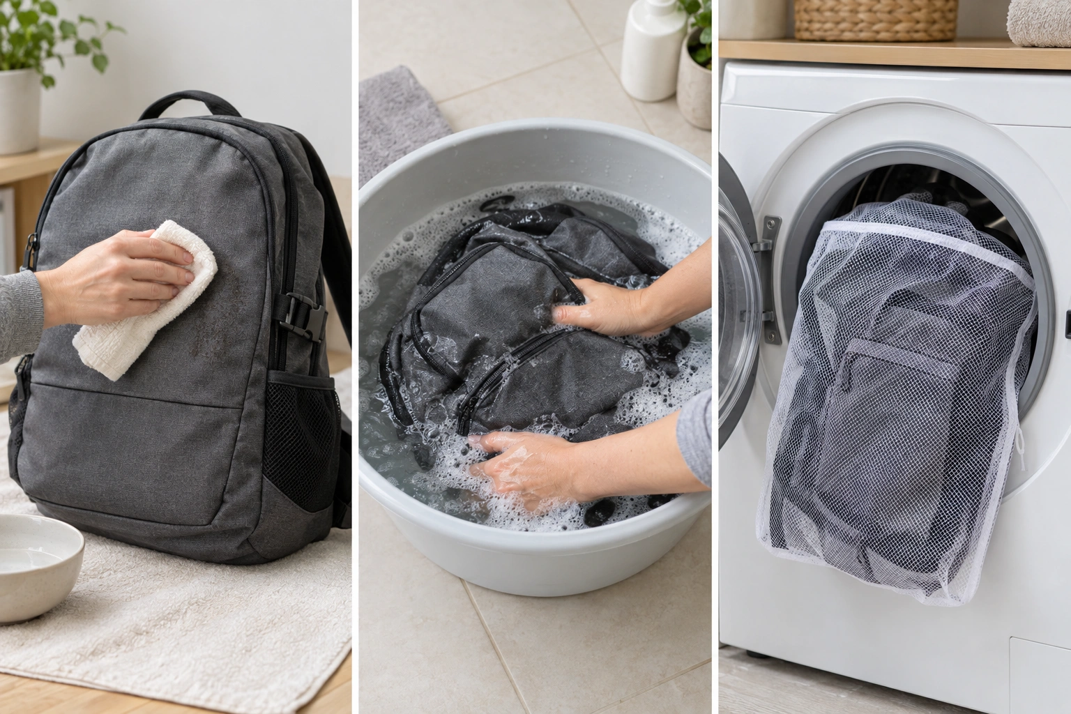 Comparison of spot cleaning, hand washing, and machine washing a backpack