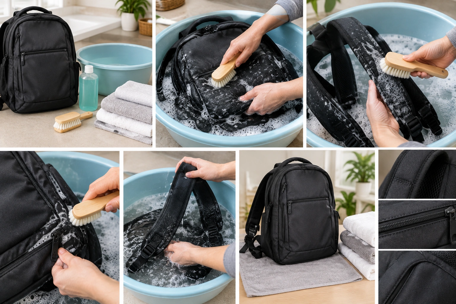 Backpack being gently hand washed in a basin with mild detergent