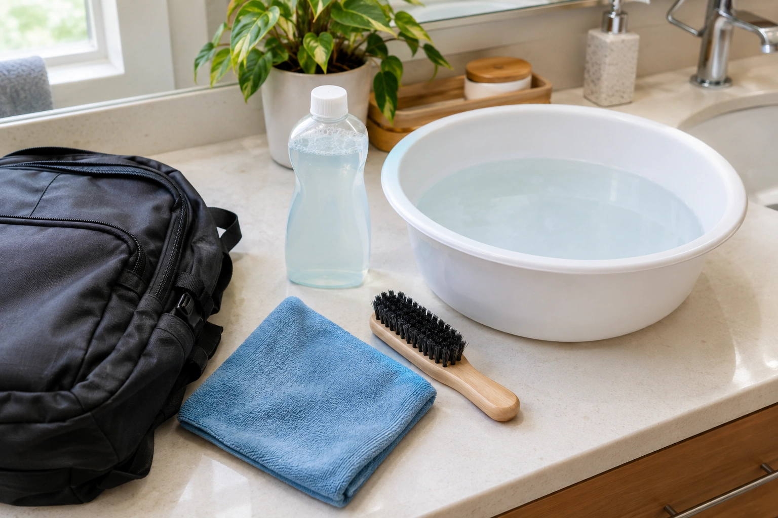 Backpack cleaning supplies laid out for hand washing