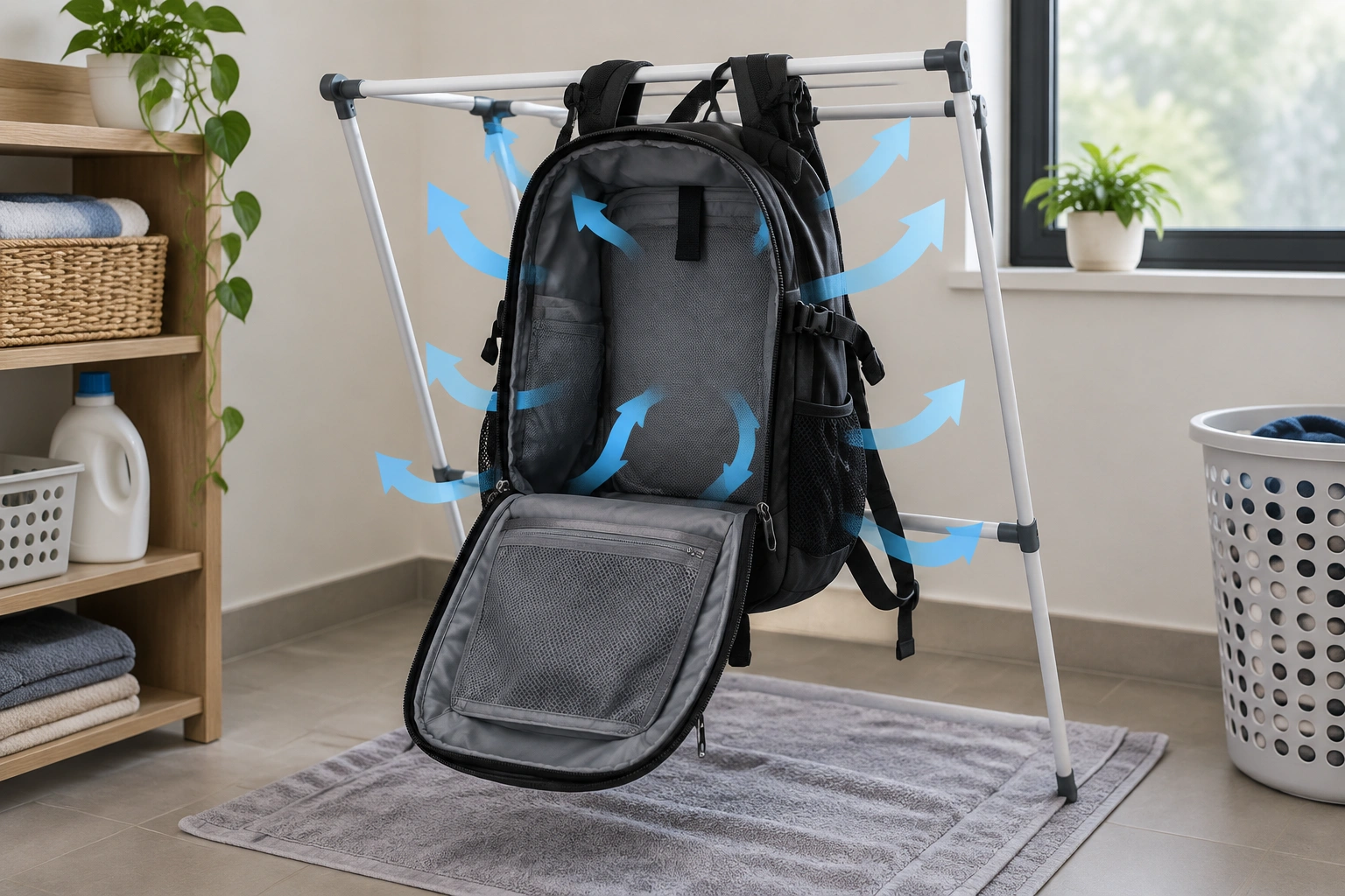 Backpack air-drying on a rack indoors