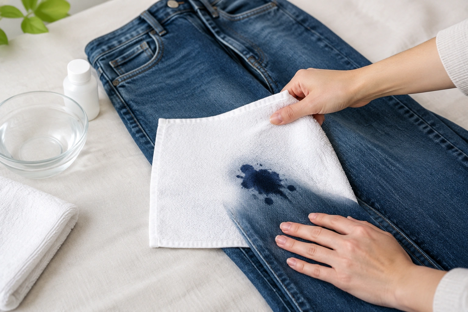 Clean towel placed under an ink stain on jeans