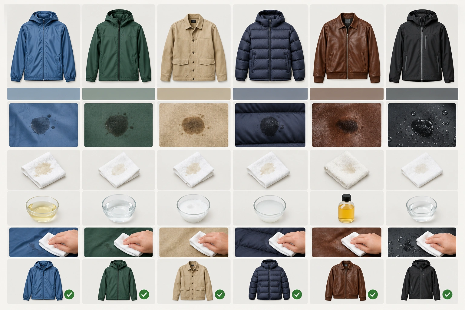 Comparison chart of jacket materials and safe oil stain removal methods