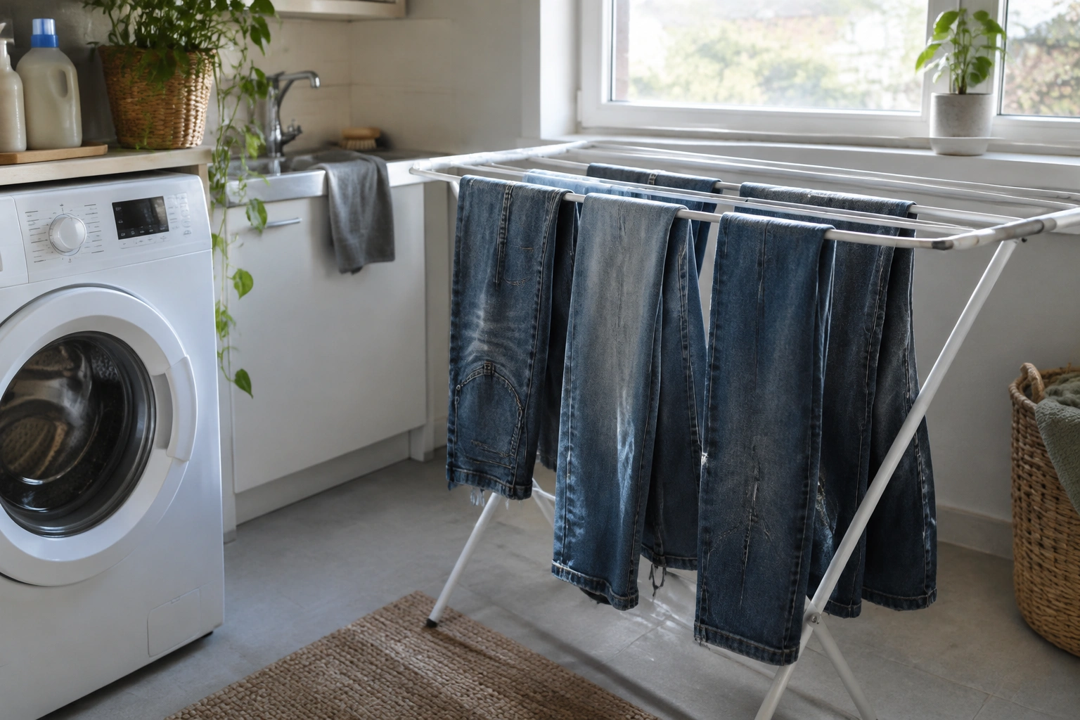 Pair of jeans hanging to air dry after stain treatment
