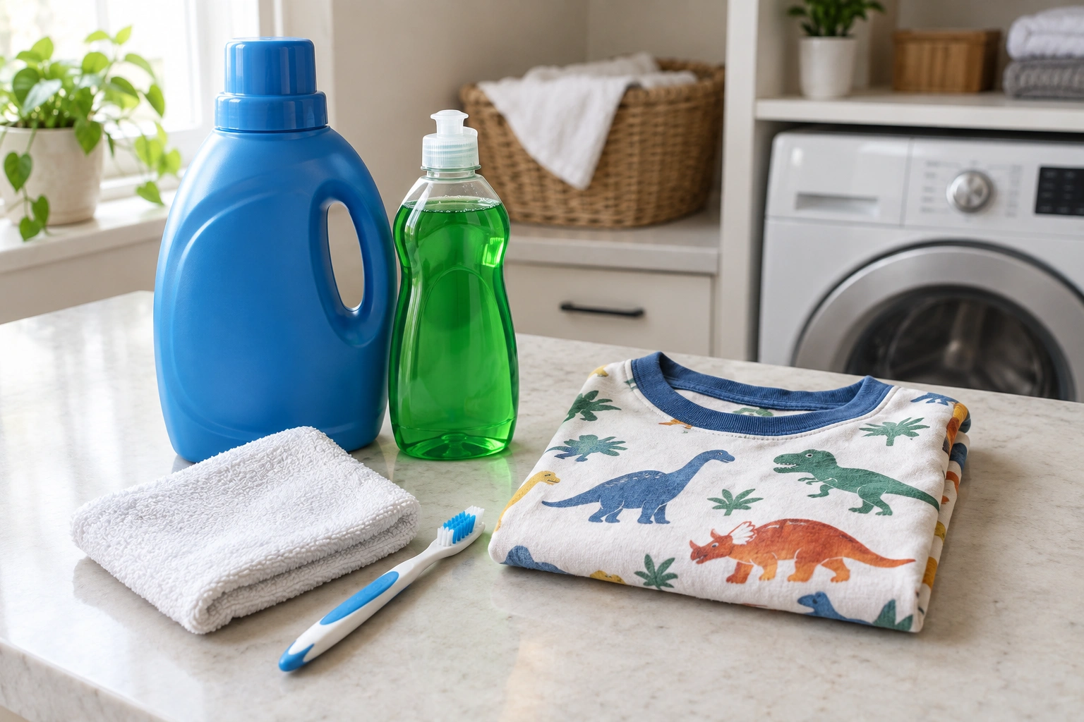 Parent preparing dish soap, cold water, and a toothbrush for stain removal