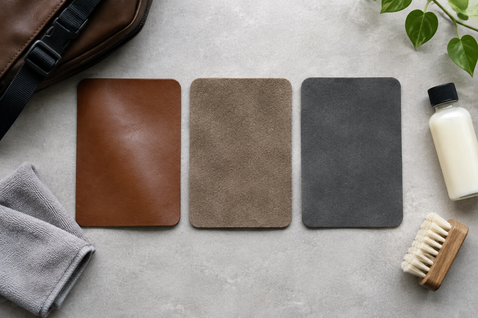 Leather backpack care comparison showing smooth leather, suede, and nubuck