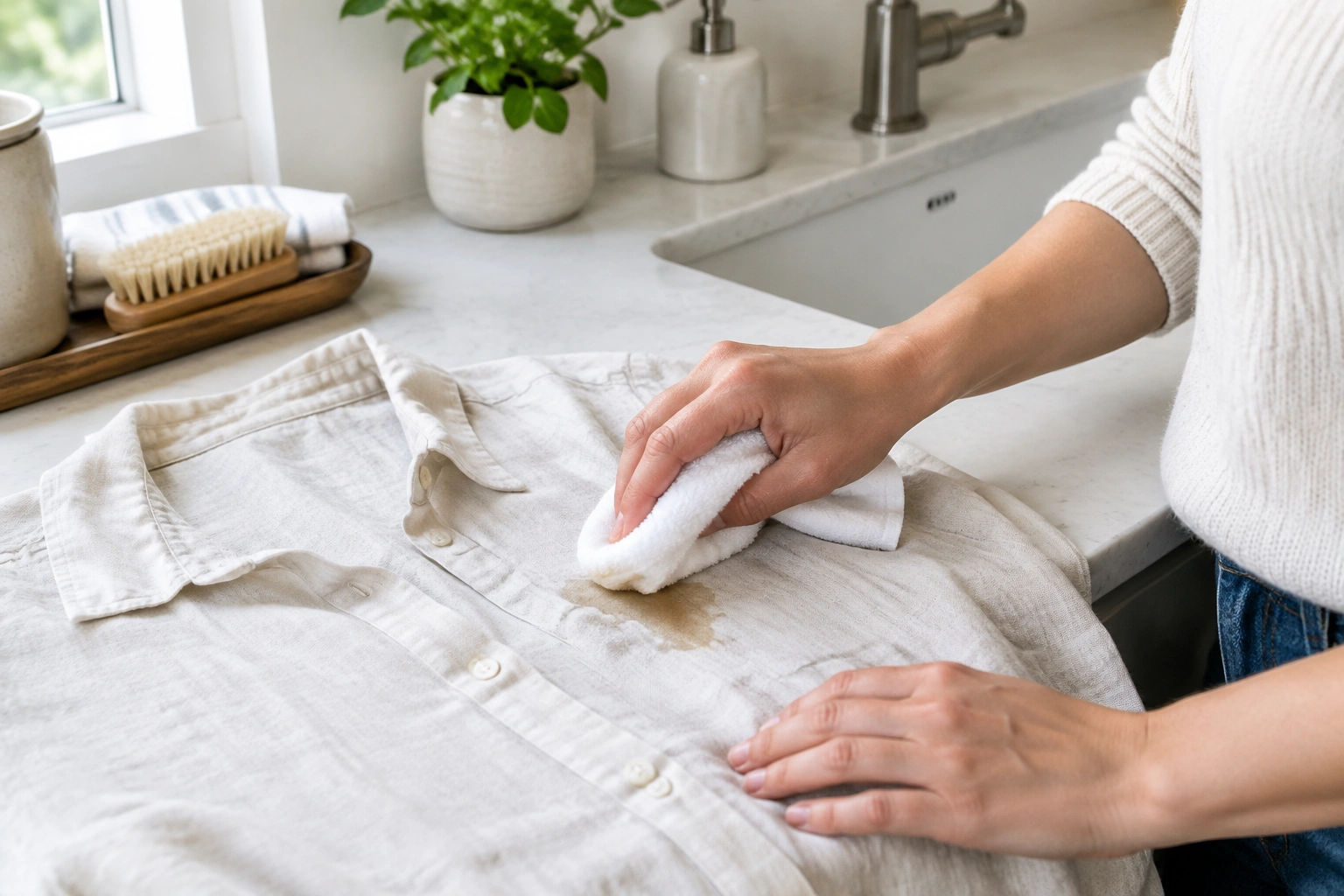 Hands blotting a fresh stain on a linen shirt beside a care label