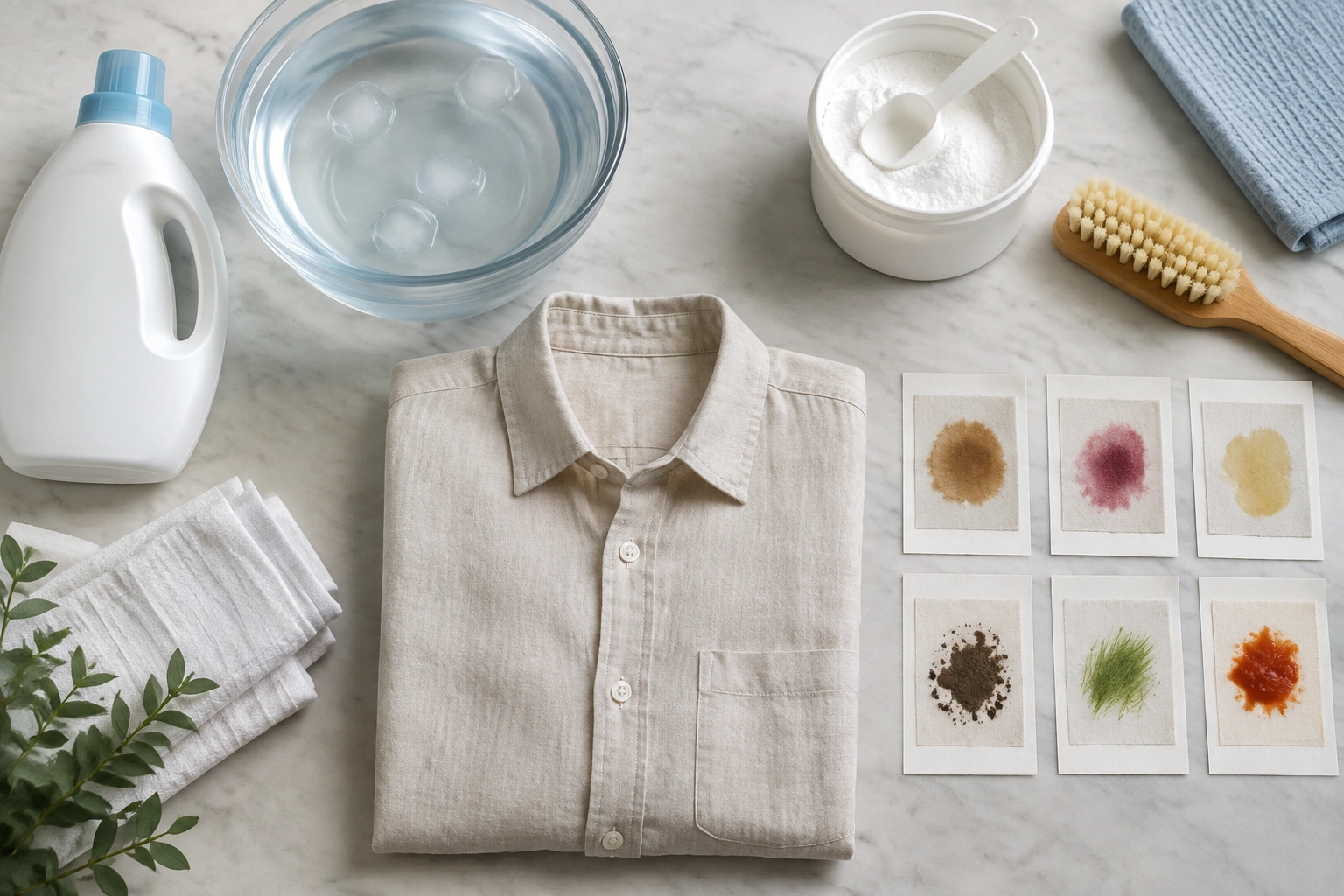 Comparison table concept for treating food, oil, sweat, makeup, and ink stains on linen