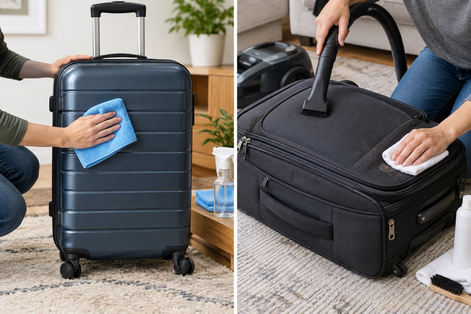 Hard-shell and soft-sided luggage being cleaned with gentle tools