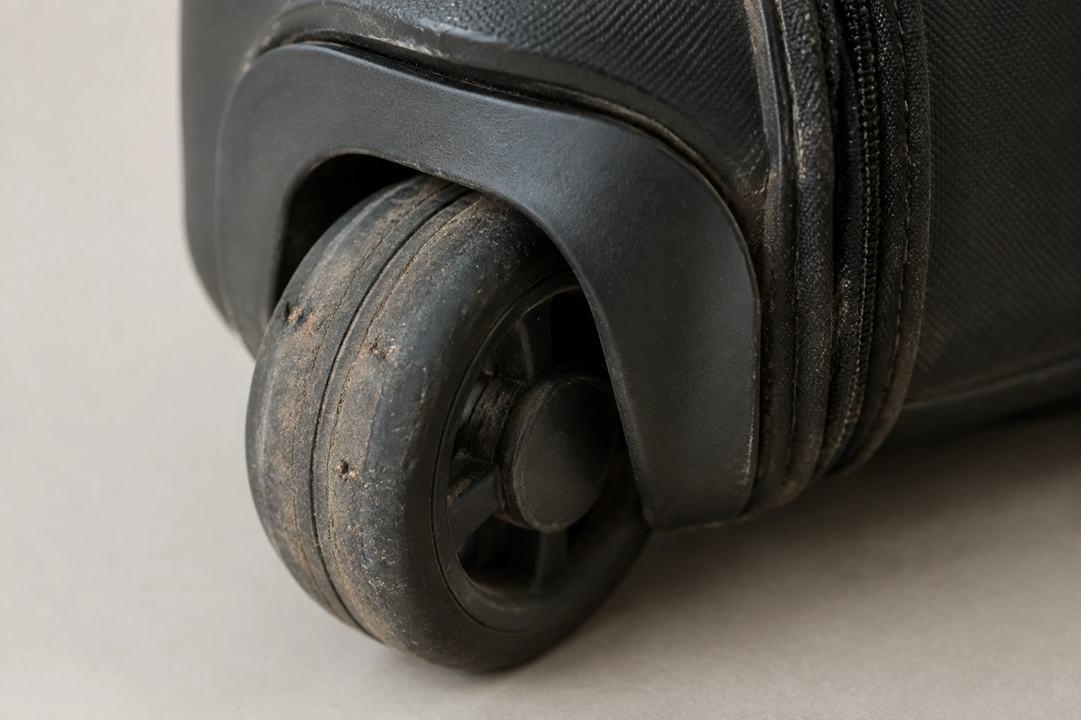 Close-up of luggage wheel seams and housing before cleaning