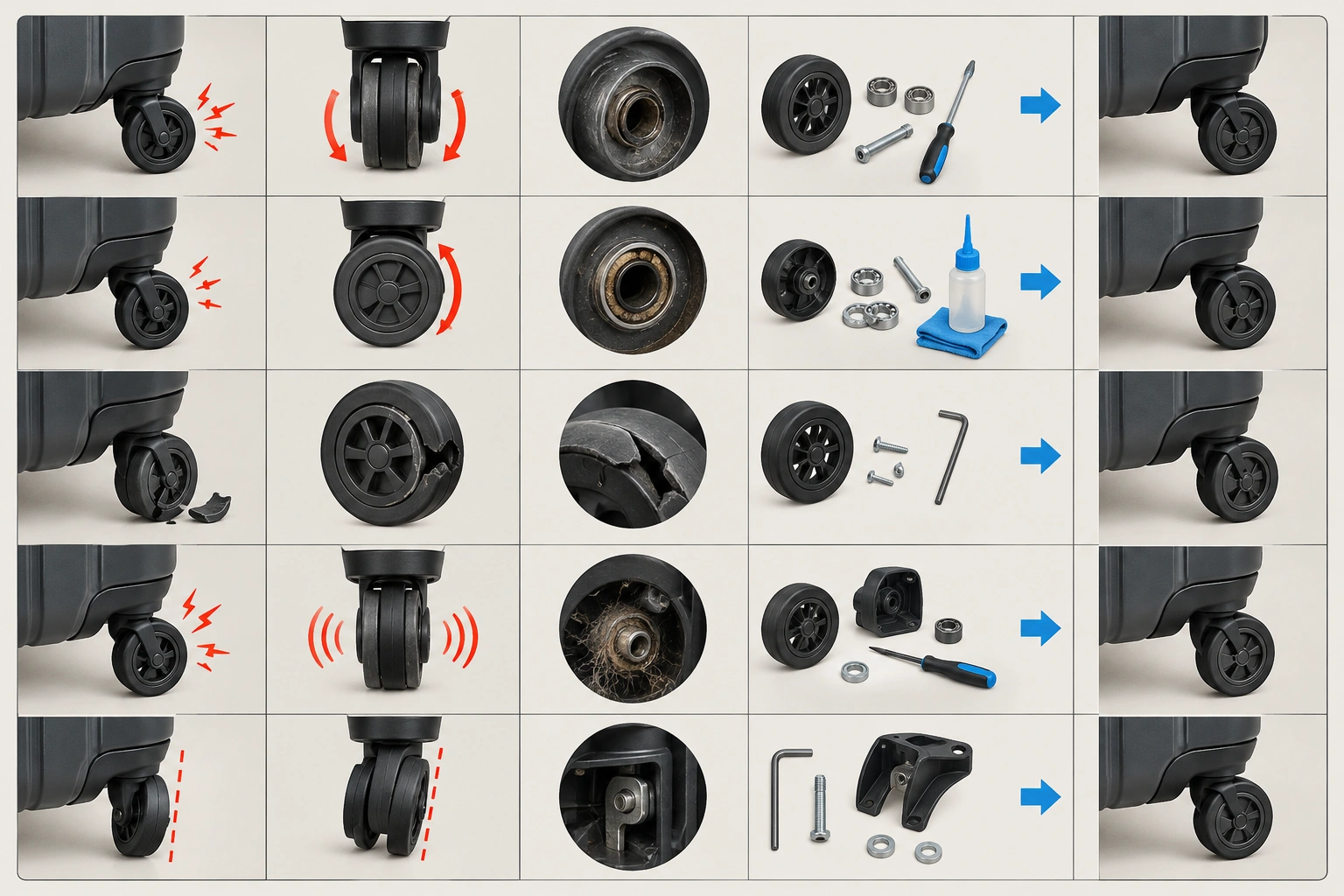 Table showing luggage wheel symptoms, likely causes, and best fixes