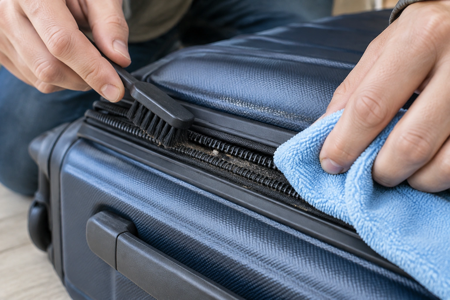 Person cleaning a luggage zipper track with a brush and cloth before applying lubricant